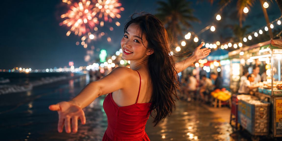 Chợ đêm Mũi Né về đêm với người dân địa phương tham gia các hoạt động giải trí và giao dịch trực tuyến